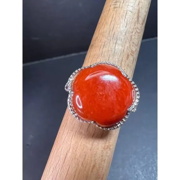 NEW cherry red jade and ruby blossom ring in rhodium over sterling silver size 9